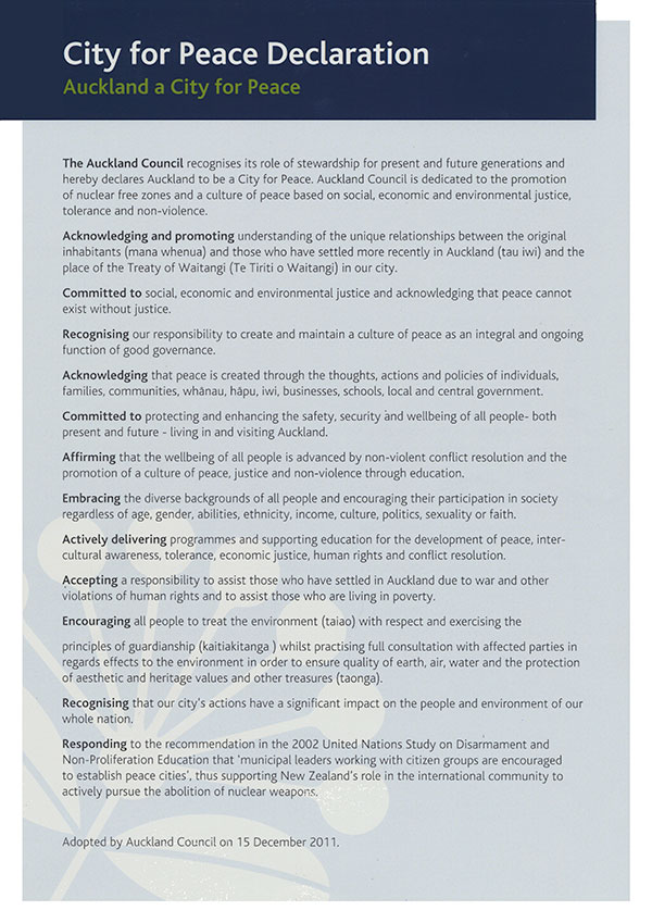 Auckland Peace- City Declaration 2011 - English